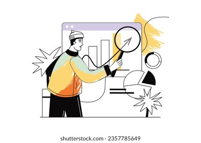 Linear concept statistical analysis with people scene in the flat cartoon style. The specialist analyzes data collected in charts and tables related to business. Vector illustration.