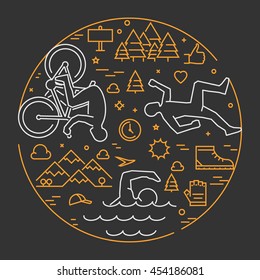 Linear concept for triathlon. Vector line round banner triathlon for web. Open path.
