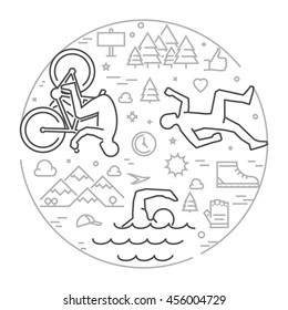 Linear concept for triathlon. Vector line round banner triathlon for web. Open path.