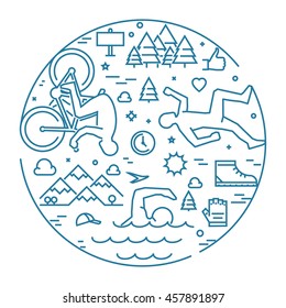 Linear concept for triathlon. Vector line round banner triathlon for web. Open path.