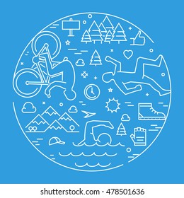 Linear concept for triathlon. Vector line round banner triathlon for web. Open path.