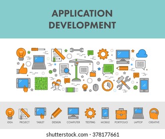 Linear concept web banner for application development. Vector design landing page for app development. Cool icons for application development. Line symbols for application development.