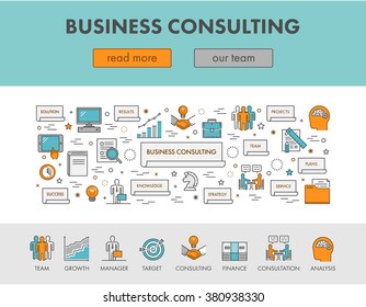 Linear Concept Web Banner For Business Consulting. Vector Design Landing Page For Business Consulting. Line Icons For Business Consulting. Cool Symbols For Business Consulting.