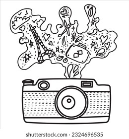 Ilustración conceptual lineal. Cámara de viaje y foto: París, avión, maleta, nubes. Vector