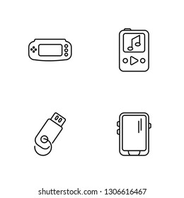 Linear Console, Usb, Music Player, Mobile Vector Illustration Of 4 outline Icons. Editable Pack Of Console, Usb, Music Player, Mobile