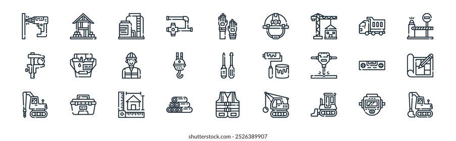 construção linear ícone pack. vetor linha fina soldagem, fundação, tanque, caminhão, gancho, blueprint, colete, ícones de escavadora adequados para aplicativos e sites projetos de iu