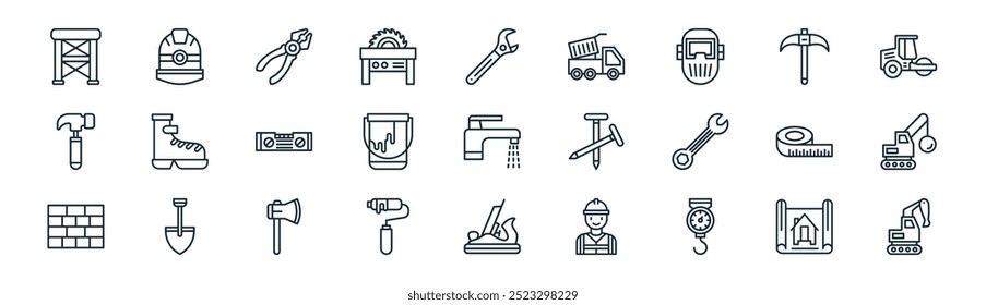 linear construction tools icon pack. vector thin line blueprint, helmet, pliers, hoe, paint bucket, demolition crane, plane, backhoe icons suitable for apps and websites ui designs