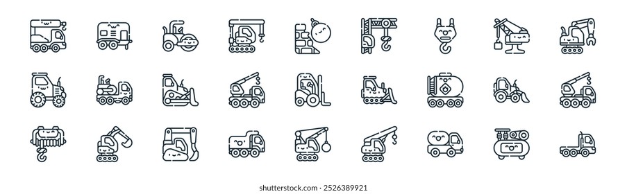 vetor linha fina compressor de ar, reboque, pavimentador, guindaste porto, caminhão guindaste, caminhão guindaste, demolição semi caminhão ícones adequados para aplicativos e sites projetos de iu