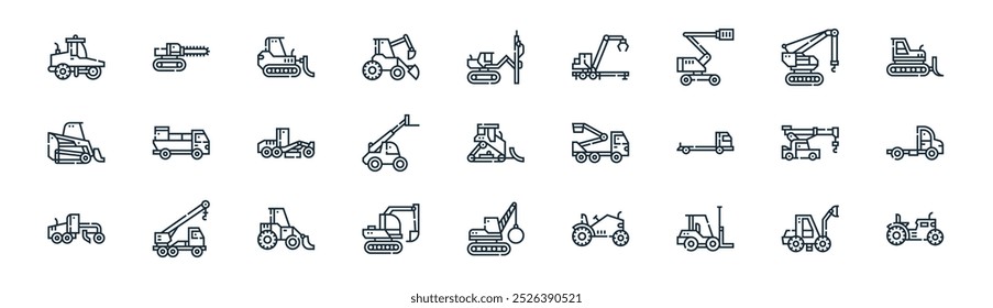 Cargador frontal de línea delgada de Vector, zanjadora, snowcat, grúa de elevación, manipuladores telescópicos, semi camión, grúa de demolición, iconos de tractor adecuados para App y Sitios web UI