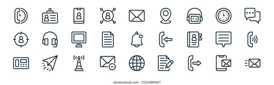 linear contact us icon pack. vetor linha fina e-mail, cartão de identificação, chamada de vídeo, relógio, página, chamada telefônica, conexão, enviar ícones de e-mail adequados para aplicativos e sites projetos de iu