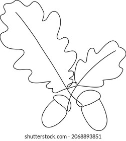 Linear continuous drawing of acorns and oak leaves.