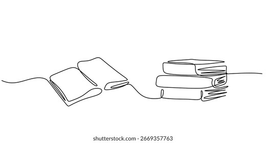 Lineal arte lineal continuo de libros. Material didáctico escolar y universitario. Un boceto de esquema simple. Ilustración vectorial de un concepto de dibujo de línea de la educación, el estudio y las ideas creativas.