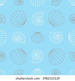 Linear contour drawing of seashells on a blue background. Seamless vector pattern of marine theme. Design for textiles, packaging, paper.