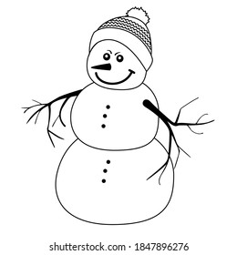 Icono de contorno lineal que representa a un lindo sonriente muñeco de nieve. Dibujo de contorno. vector