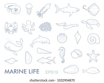 Linear contour icons inhabitants of the underwater world