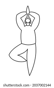 Linear contour of a plus size woman, does yoga and stands in a tree pose. Black outline on white. Concept of balance, healthy lifestyle, sports, harmony. Icon illustration