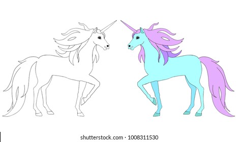 linear contour unicorn with sample, page for coloring book.