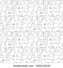 Linear contours of kitchen appliances. Seamless vector pattern