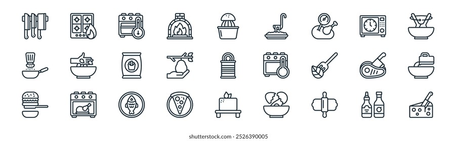 Vector de salsa de línea delgada, vitrocerámica, horno, microondas, pera, tazón, tofu, iconos de queso adecuados para App y Sitios web Ui Diseños