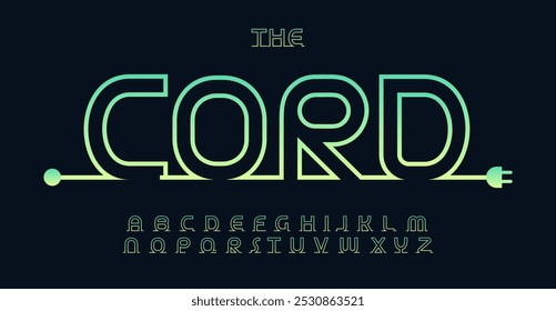 Linear cord font, simple outliner letters, rounded contour alphabet for technology, energy, electric vehicle charging, renewable energy, electronics, gadget startups, tech branding. Vector typeset