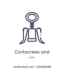 Linear corkscrews and bottle of wine icon from Drinks outline collection. Thin line corkscrews and bottle of wine icon vector isolated on white background. corkscrews and bottle of wine trendy