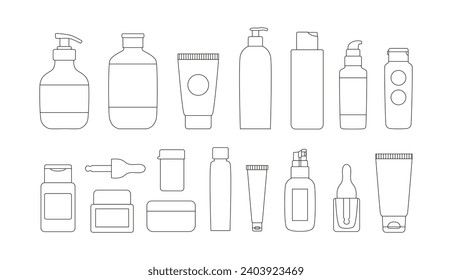 Linear cosmetics packaging - jars, bottles, tubes. Skin care and beauty routine - lotion, cream, serum, cleanser, spray. Organic cosmetics icons. Coloring book. 