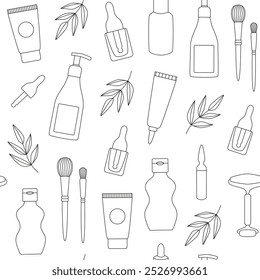 Linear cosmetics seamless pattern. Jars, bottles, tubes, facial roller, brushes. Skin and body care, beauty routine. Organic eco cosmetics. Background, wallpaper, digital paper. Coloring book. 