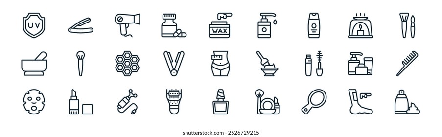 linear cosmetology icon pack. vector thin line depilation, razor, hair dryer, aromatherapy, hair straightener, comb, nail polish, shaving foam icons suitable for apps and websites ui designs