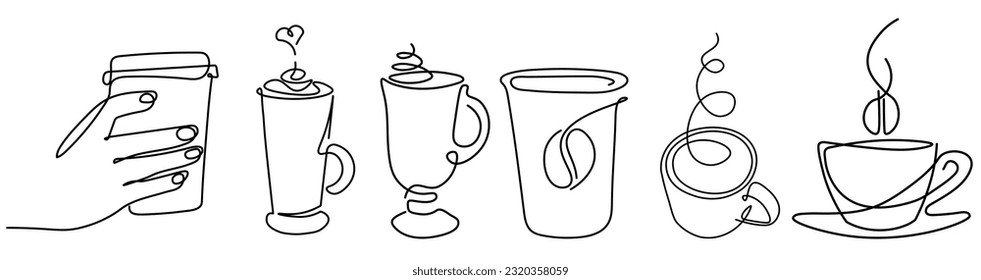 Linear covey drink, doodle sketch, in one line. The concept of simplicity. Tea, coffee, cocktail. Set.