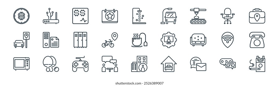 linear coworking space icon pack. vector thin line communication, wireless router, invoice, office chair, bike parking, telephone, employee, cigarette icons suitable for apps and websites ui designs