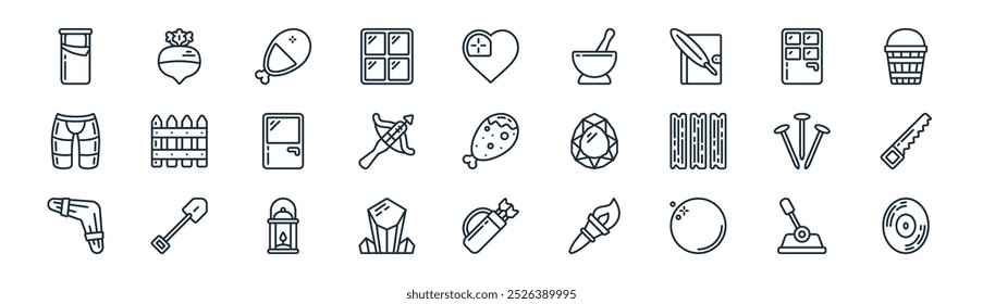 Palanca de línea delgada de Vector, nabo, pollo, puerta, ballesta, sierra, carcaj, íconos de disco adecuados para App y Sitios web Diseños de interfaz de usuario