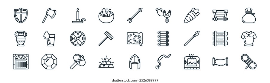 Vector de la línea fina de la sierra, hacha, vela, Carrito, rastrillo, armadura, casco, iconos de la cuerda conveniente para los App y los Sitios web