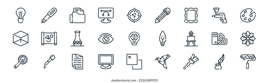 linear creativity icon pack. vector thin line inks, fountain, portfolio, paint can, eye, ornament, resize, paint roller icons suitable for apps and websites ui designs