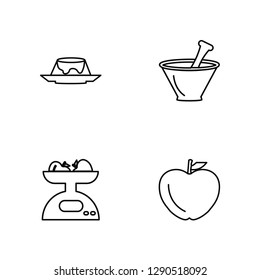 Linear Creme Caramel, Electric Weight Scale, Mortar with mace Vector Illustration Of 4 outline Icons. Editable Pack Of Creme Caramel, Electric Weight Scale, Mortar with mace