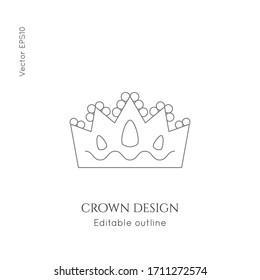 Linear crown vector icon. Royal, luxury symbol. Editable line royalty symbol isolated element. King, queen Template for logo or branding.