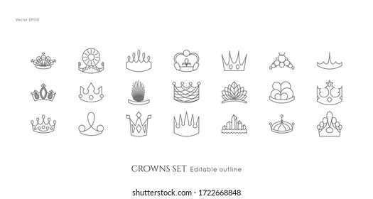 Linear crown vector icon. Royal, luxury symbol. Editable line royalty symbol isolated element. King, queen Template for logo or branding.