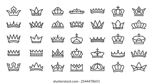 Linear crowns. Royal Queen tiara and King crown icons, majestic corona, premium and prestige pictograms for crowned style emblem design. Luxury line art vector symbols set.