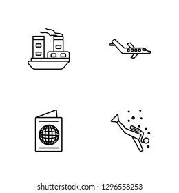 Linear Cruise, Passport, Airplane, Scuba diving Vector Illustration Of 4 outline Icons. Editable Pack Of Cruise, Passport, Airplane, Scuba diving