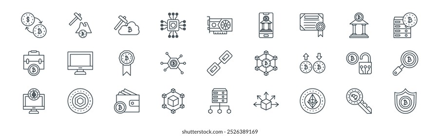 linear cryptocurrency icon pack. vector thin line key, mining, bitcoin mining, bank, centralized, search, data, shield icons suitable for apps and websites ui designs