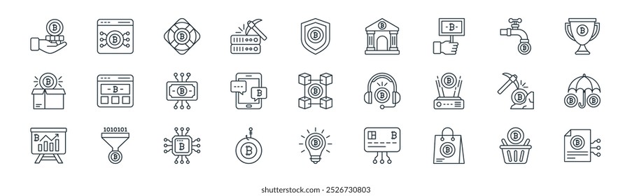 pacote de ícone de criptografia linear. vetor dinheiro digital linha fina, criptografia bitcoin, blockchain, criptografia, bolha de bate-papo, guarda-chuva, ideia de negócios, ícones de relatório de negócios adequados para aplicativos e sites ui