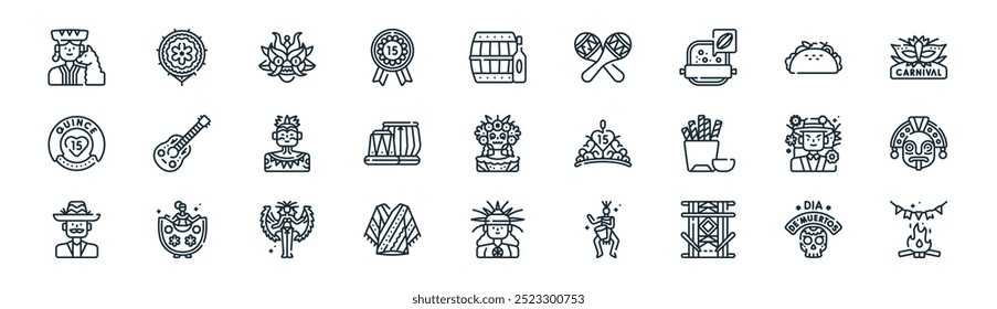 linear cultures icon pack. vector thin line dia de muertos, kite, diablada, taco, tabla, aztec, woman, campfire icons suitable for apps and websites ui designs