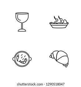 Linear Cup, Paella with Parwns, Combine Meal, Bakery Croissant Vector Illustration Of 4 outline Icons. Editable Pack Of Cup, Paella with Parwns, Combine Meal, Bakery Croissant