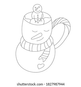 Linear cup in the shape of a snowman with a striped scarf, a small snowman sits inside the cup. Christmas decoration in flat design style.