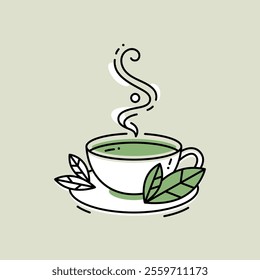 Linear cup of tea with green leaves. Vector illustration. 