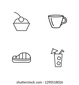 Linear Cupcake with Cherry, Beef Chop, Hot mug, Lemonade with Straw Vector Illustration Of 4 outline Icons. Editable Pack Of Cupcake with Cherry, Beef Chop, Hot mug, Lemonade with Straw