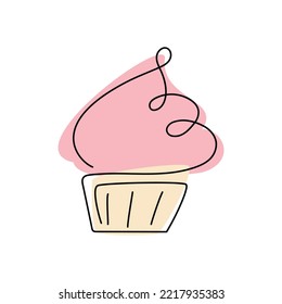 Linear cupcake muffin cake icon vector. One line continuous hand drawn cartoon illustration.