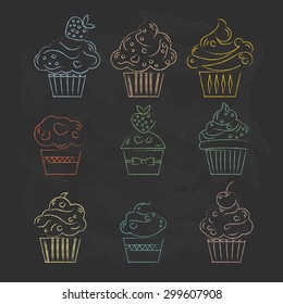 Linear cupcakes icons on a black background stylized drawing of colored chalk