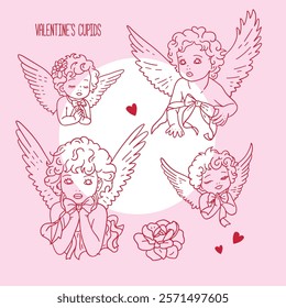 Linear cupid coquette clipart set. Girly y2k doodle coquettish aesthetic, crafts bows and pink ribbon. Valentine's day angels characters. Vector hand drawn illustration.