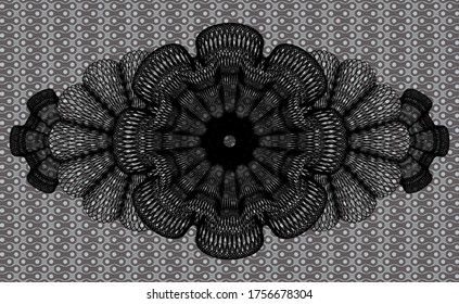 Linear currency black abstract realistic badge. Pattern graceful background. Intense illustration. 