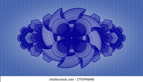 Linear currency blue color japan style pattern realistic emblem. Geometric classic background. Artistic illustration. 